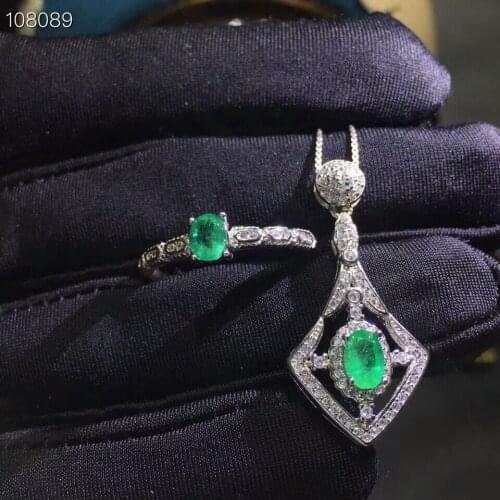KJJEAXCMY boutique jewels 925 pure silver inlaid natural emerald lady Ring + pendant suit support test