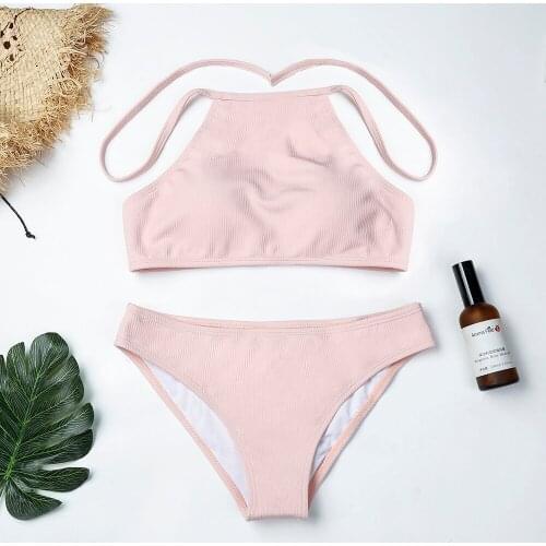 Kophia 2018 High Waist Swimsuit Sexy Bikini Set Pure color Bathing Suits Swimwear Hanging neck Bikinis Women Push up Swimwear