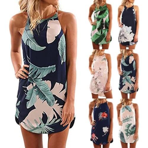 Summer Dress Femme Robe Women Sexy Off-The-Shoulder Mini Dresses Halter Backless Printed Beach Bohemian Dress For Women Vestidos