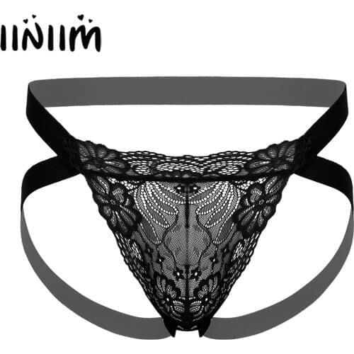 Men See-through Lace Sexy Bulge Pouch G-string Elastic Waistband Jockstrap T-back Low Waist Thongs Sissy Male Gay Underwear