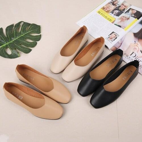 New Fashion Solid Color Spring 2020 Lightweight Square Toe Comfortable Soft Women Flats Mujer Chaussure Femme Slip-On W28-36