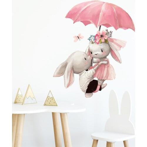 Couple Bunny Under Umbrella Wall sticker kids room home decoration wallpaper living room bedroom removable mural rabbit stickers
