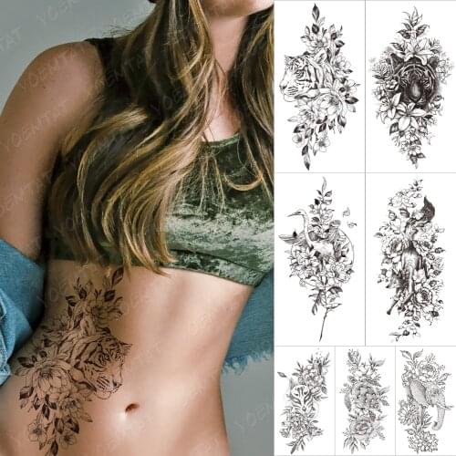 Transferable Waterproof Temporary tatooo Stickers Legs Flower Tiger Wolf Lion Leaf Fake tattoos Body Art tatoo Male Women Black