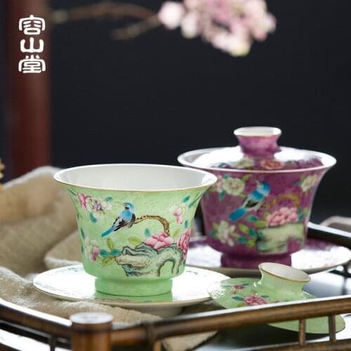 Rongshantang Rongyao Jingdezhen hand picked enamel covered tea large ceramic Sancai tea bowl kungfu tea set