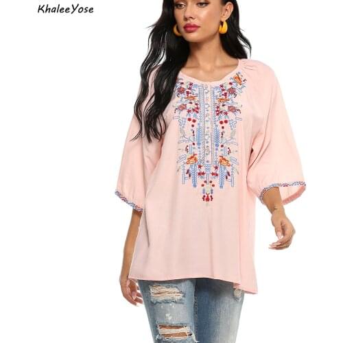 KHALEE YOSE Pink Floral Embroidery Blouses Shirt Cotton Boho Spring Mexican Shirt Flare Sleeve Plus Size Front 3xl Ethnic Shirt
