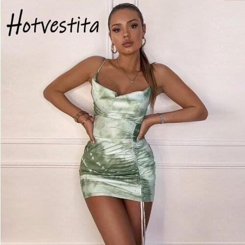 Hotvestita Sexy Green Tie Dye Print Slip Dress 2021 Summer Womens Bodycon Backless Drawstring Ruched Casual Party Mini Dresses