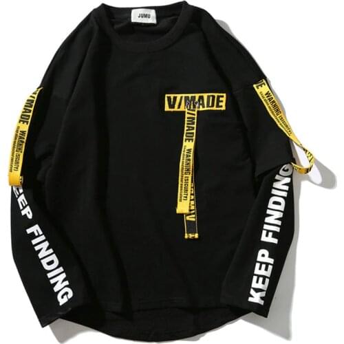 Hip Hop Ribbon Sweatshirts Men 2020 Spring New Pullover Streetwear Cotton Casual Men Sweatshirt Letter Printing Black/White