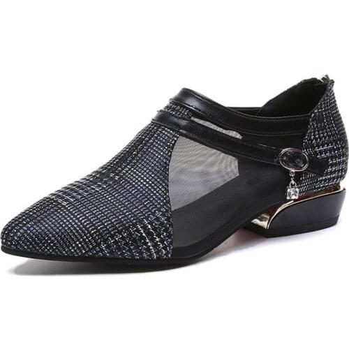 Breathable Mesh pumps women shoes New Spring Autumn shoes women Elegant Rhinestone Square heel female shoes Gingham Zipper pus
