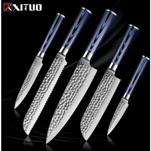 XITUO Damascus Knife Set 1-5PCS Knives Gift Premium Blue G10 Handle Forging Non-stick Cleaver Filleting Chef Knife Japanese Vege
