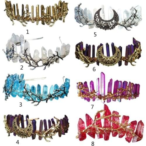 Women Crossed Faux Raw Crystal Queen Tiara Alloy Tree Branch Crown Aura Headband