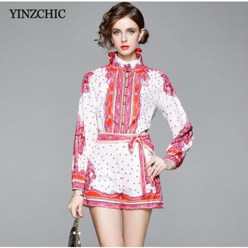 Vintage Print Woman Blouse Pants Suit Early Autumn Office Lady 2pcs Set Puff Sleeve Blouse + Short Pants Set Woman Casual Suit