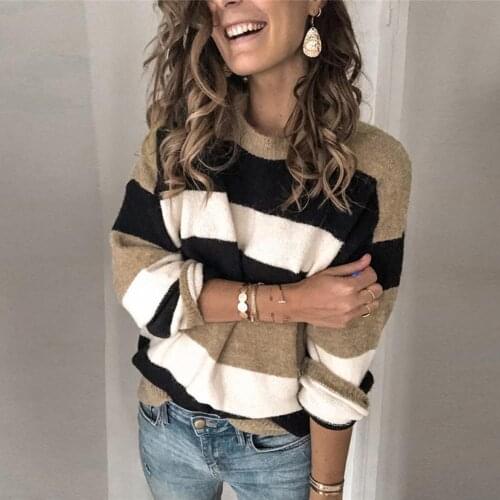 Fashion 2021 New Autumn Winter Knitted Sweater Casual Long Sleeve Office Ladies Pullover O Neck Color Block Knitted Sweater