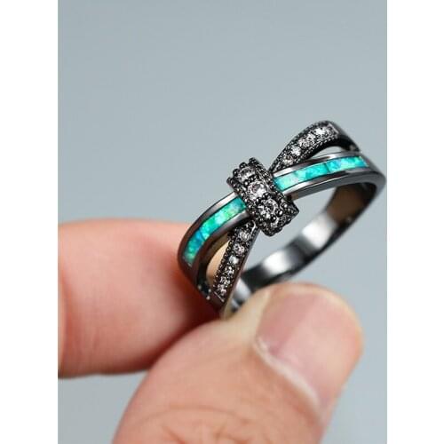 Classic Cross Green Opal Stone Ring Luxury Crystal White Zircon Engagement Rings For Women Vintage Charm Black Gold Wedding Ring