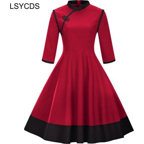 Women Clothing Mandarin Collar Red Dress Female Three Quarter Sleeve Three Buckle Patchwork Zippers Ball Gown Vintage Dress B006