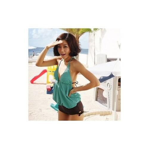 Free Shipping 2014 Hot Sale Womens Green One-piece String Stripe Halter Swimwear Swimsuit Bathing Suit Shorts Plus Size M - XXXL