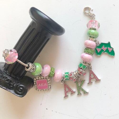 Hand Made Greek Letter Sorority Pink Green Mini Map Enamel Pendant Charm Bracelet Jewelry Female Accessories