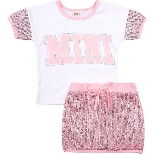 FOCUSNORM Summer Cute Kids Girls Clothes Sets 2-7Y Mini Letter Sequined Pullover Tops Shorts 2pcs