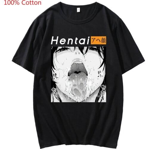 100%Cotton Otaku Lewd Hentai Girl Pattern T Shirt Top Male Black Pure Cotton Basic Short Sleeve Japan Anime Pattern Waifu Sexy