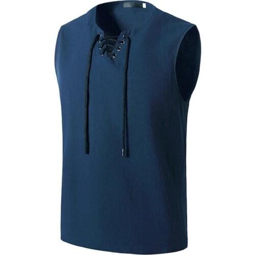 2021 Summer Fashion Men T-shirt V Neck Soft Cotton Flax Male Sleeveless Bandage Top Casual Loose Fit Streetwear Sports Tees