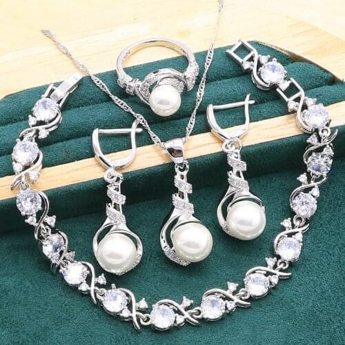 Exquisite Pearl 925 Silver Jewelry Sets For Women Wedding White Crystal Bracelet Long Earrings Necklace Ring Christmas Gift