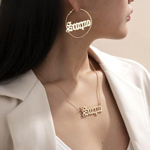 New Trendy Creative Letters Pendant Necklace & Earrings for Women Vintage Geometric Chunky Hoop Earrings Party Jewelry Sets