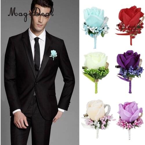 MagiDeal Wedding Bridal Groom Crystal Boutonniere Corsage Rose Silk Flower Skyblue/Beige/Purple/White
