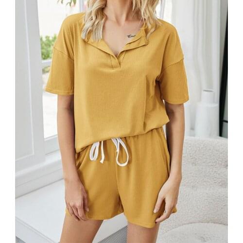 Fashion Homewear Summer Ladies Solid Color Pajama Set Summer Homewear 2 Piece Set V Neck Shirt + Bangage Short Tracksuit Suits