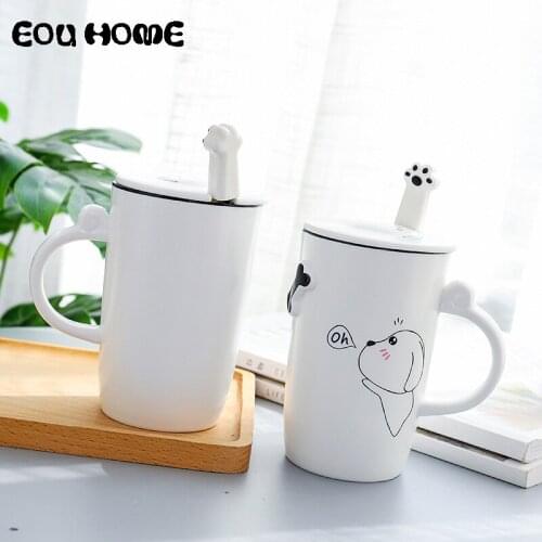 Cartoon Ceramic Mugs Drink Juice Mugs with Lid and Spoon Student Couple Lovers Office/Home Coffee Cup Breakfast Milk Mark Cups