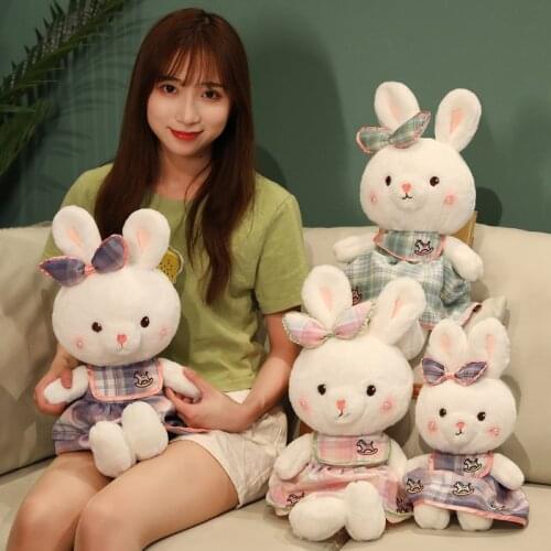 Cartoon Plush Rabbit Cute Plaid Skirt Long Ear Rabbit Doll Plush Stuffed Animals Soothe Sleep Soft Home Decoration Birthday Gift