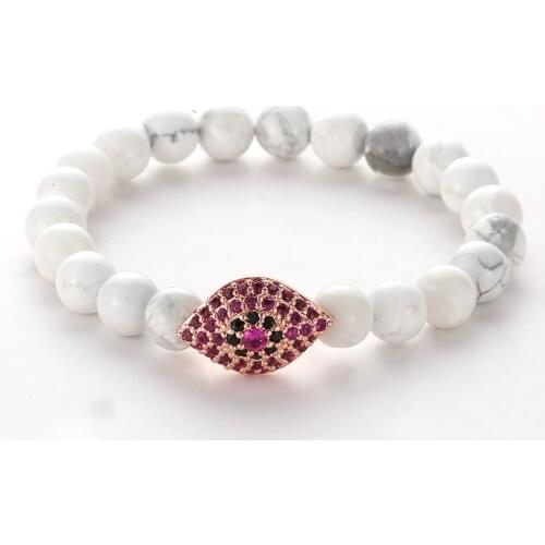 2019 New Fashion 8mm White Pine Stone Beads Bracelet Bangle Micro Inset Zircon Metal Eyes Charm Elastic Couples Bracelet Jewelry