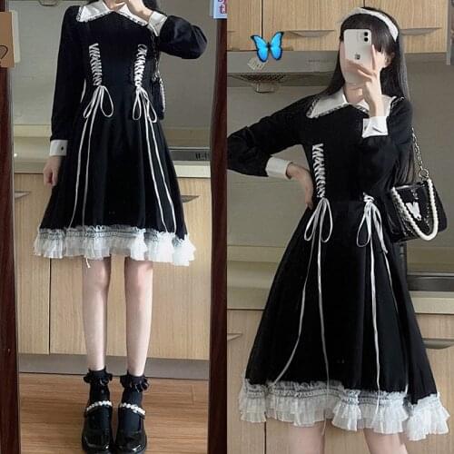 Fall 2021 Slim Midi Dress Women Black Vintage Lace Bandage Long Sleeve High Waist Dresses Female Sweet Cute Girls Lolita Dress