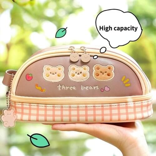 Bear High Capacity Two-layer PU Leather Pencil Case Japanese Student Stationery Kawaii School Supplies Cute Bags Back To School