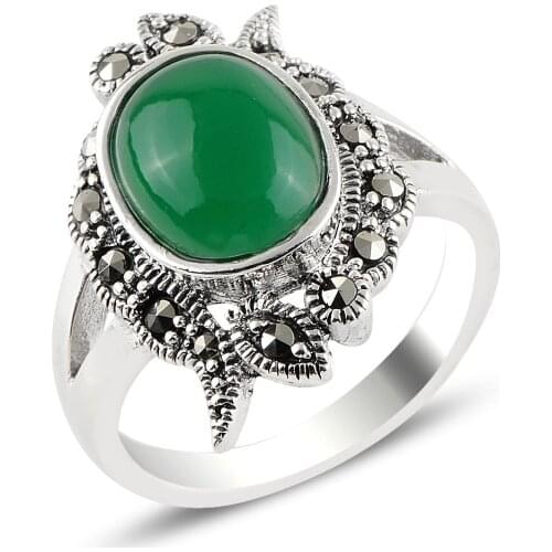 Silverlina Silver Green Agate & Marcasite Ring