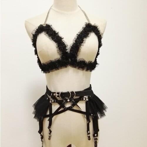 Women sexy Punk harness Goth Handmade Leather Lace Body Bondage Cage choker necklace Sexy lace Bra Waist Belt cross garter