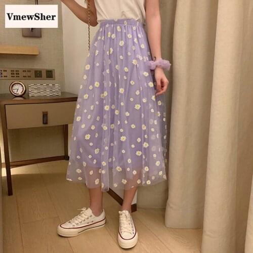 VmewSher New Spring Summer Women Mesh Skirt Elastic High Waist Pleated Sweet Print Daisy Floral Mid-calf Elegant A-line Skirts