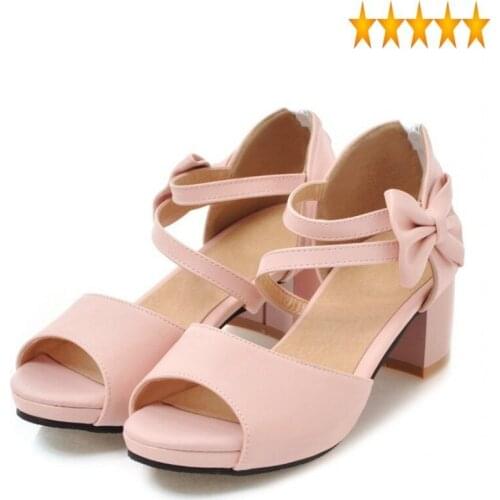 Arrival Women 2021 New Fashion Sweet Bowknot Summer Pink Shoes Larger Size 32-47 Peep Toe Thick Heel Sandals Female