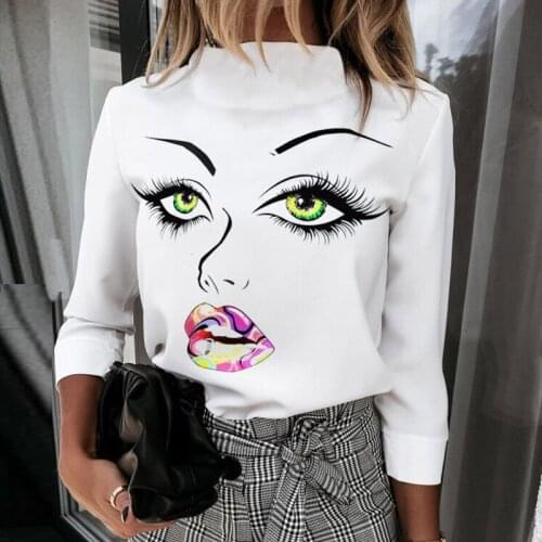 Spring Autumn Female T Shirt Loose O Neck Pullover Plus Sizes Face Print Tees Top Fashion Full Sleeve T-shirt Clothing For Women