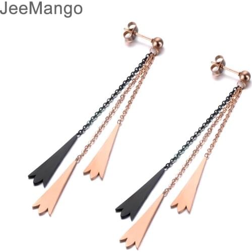 JeeMango 3 Flower Charm Long Tassel Earrings For Women Rose Gold Stainless Steel Female Dangle Earring Jewelry Brincos E19015