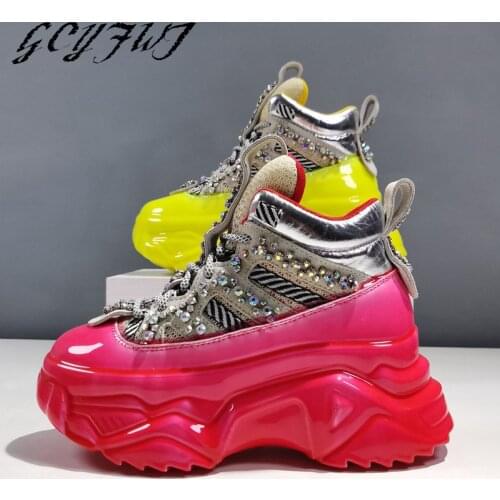 Women Sneakers High-Top Lace-Up Rhinestone Flat Platform Female Shoes Casual All-match Breathable Thick Bottom Zapatillas Mujer