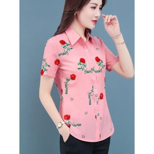 Women Spring Summer Style Chiffon Blouses Shirts Lady Casual Short Sleeve Turn-down Collar Flower Printed Blusas Tops ZZ0636