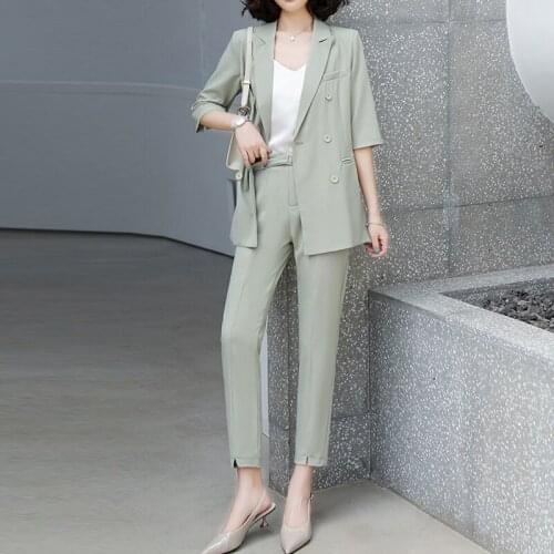 Elegant Summer 2-pieces Sets Women Double Breasted Blazer Casual Streetwear Pencil Pants Suits Chic Office Work Casual Ladies