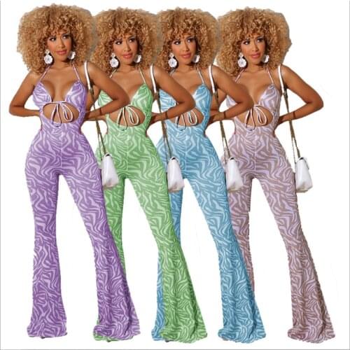 Nightclub Party Wear Women Striped Printed Jumpsuits Lady Sexy Halter Lace-Up Backless Hollow Out Skinny Bell-Bottomed Rompers
