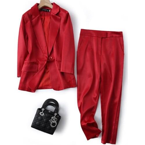 Spring and autumn new real shot womens fashion OL professional goddess fan high-end solid color satin suit pants suit two-piece