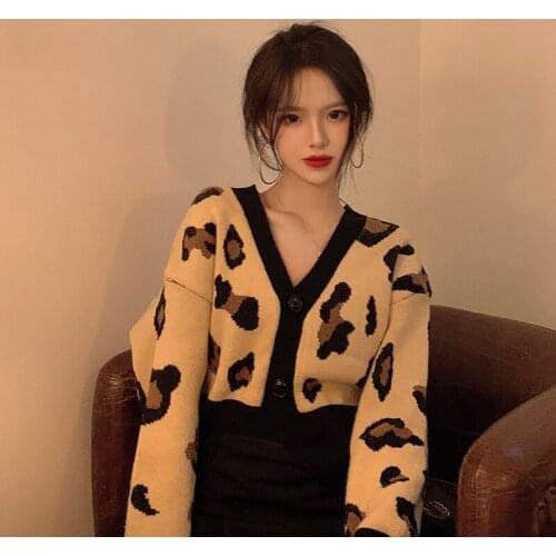Korobov 2021 Autumn Winter New Women Sweaters Korean Long Sleeve Single Breasted Cardigans Office Lady Leopard Print Cardigan
