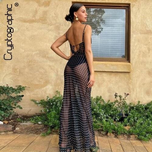 Cryptographic Spaghetti Strap Polka Dot Maxi Dresses Sexy Backless Women Dresses Party Club Black Mesh See Through Dress Elegant