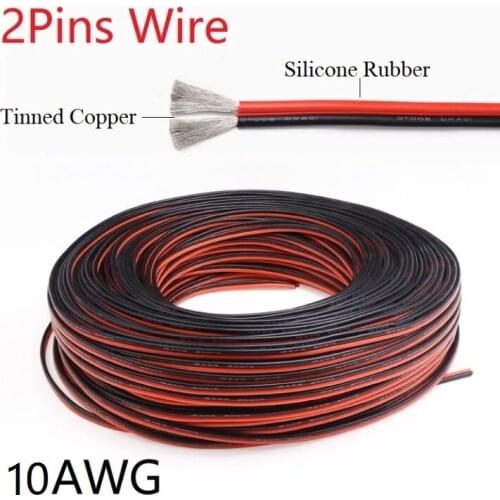 2M Silicone Rubber 2pins Wire 10AWG Extra Soft Insulated Double Core High Temperature Electric Cable Copper LED Lamp Line Bl