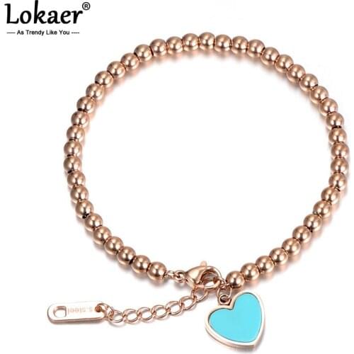 Lokaer Classic Pink/Blue Heart Charm Bracelets & Bangles For Women Girls Trendy Stainless Steel Rose Gold Color Bracelet B17069