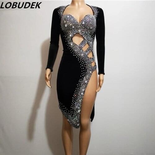 Sexy Hollow Out Rhinestones Black Latin Dance Dress Backless Slit Dress Stage Wear Costume Prom Stretch Competition Latin Dress