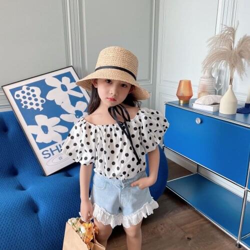 Childrens Clothing Summer Baby Girls Korean Dots Print Shirts Cute Puff Sleeve Cotton Blouse For Girls 2-8 Years Kids Shirts