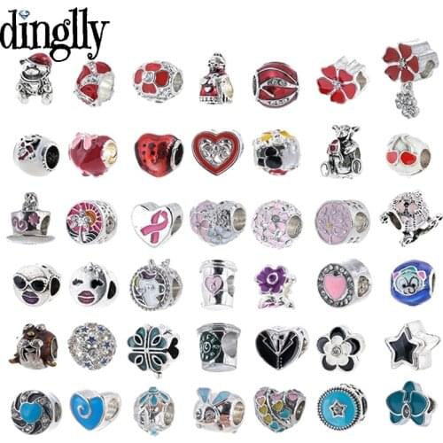 Dinglly Red Color Beads Crystal Flowers Charm Fit Bracelet & Necklace Snake Bone Bracelets Silver Color Accessory Beaded